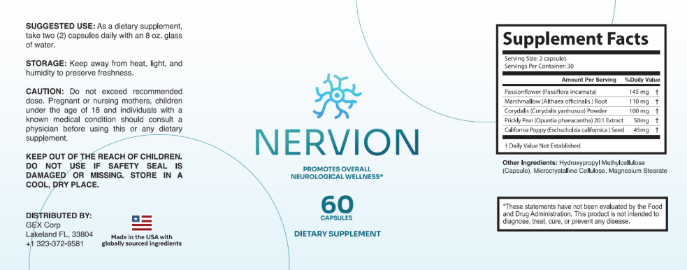 Nervion Supplement Facts label showing ingredients, suggested use, and caution information
